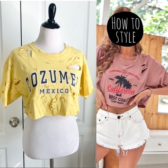 Yazbek Tops - Thrashed Cozumel Mexico Crop Top